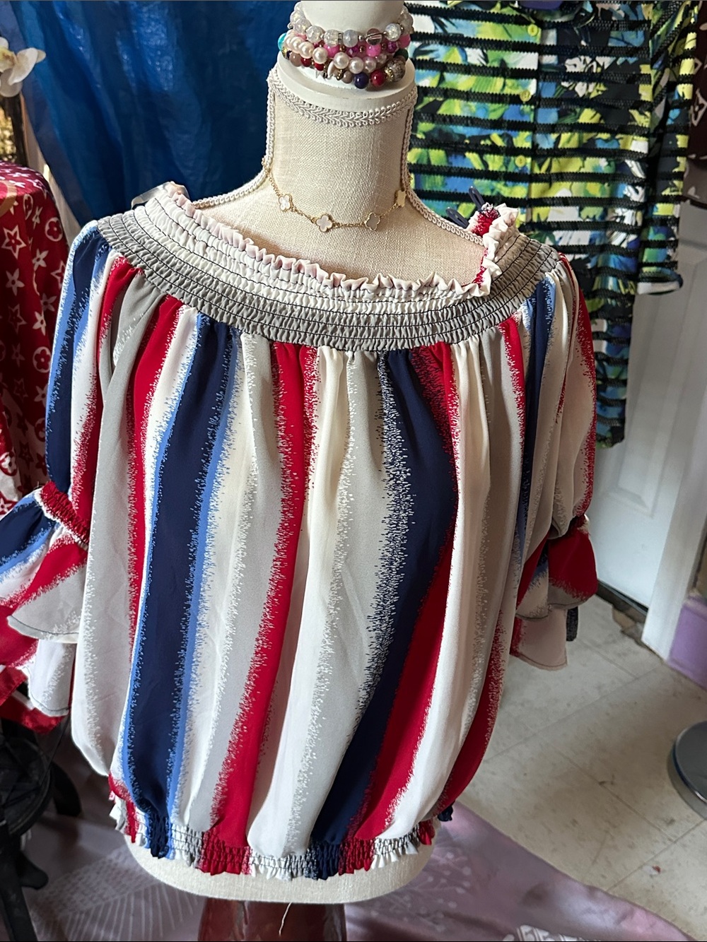 Striped Off-Shoulder Blouse in Red, Navy & Cream